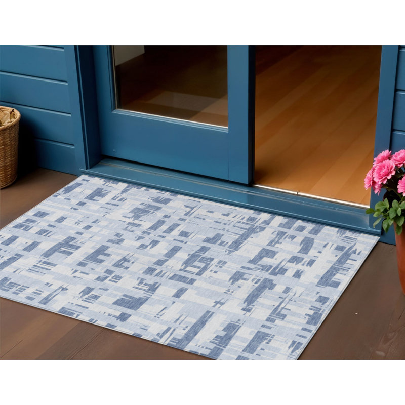 3' X 5' Blue Ivory And Sky Blue Striped Washable Indoor Outdoor Area Rug