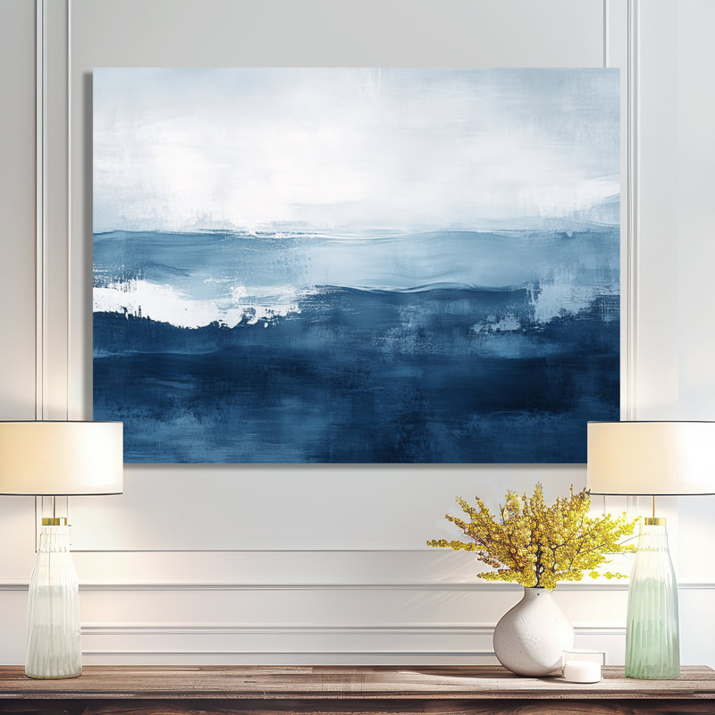 «Cool Blue Ocean Abstract Horizon II», reproduction sur toile contemporaine bleue, H 16 po x l 32 po, Toile tendue
