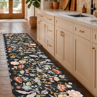 Hallway Runner Rug Washable: Extra Long Floral Scalloped Carpet Runner Non Slip Boho Rug Runner for Indoor Entryway Stain Resistant Rug Runners for Living Room (Black)