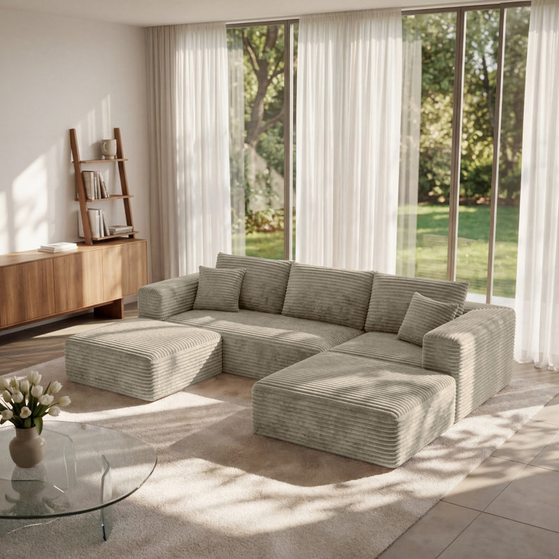 Boneless U-Shaped Modular Sectional Sofa, 3-5 Seater Cozy Washable Corduroy Couch, Beige Corduroy