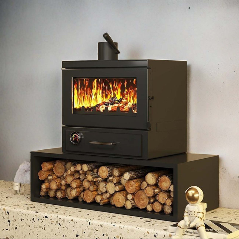 Poêle chauffant avec rangement pour bois de chauffage et thermomete