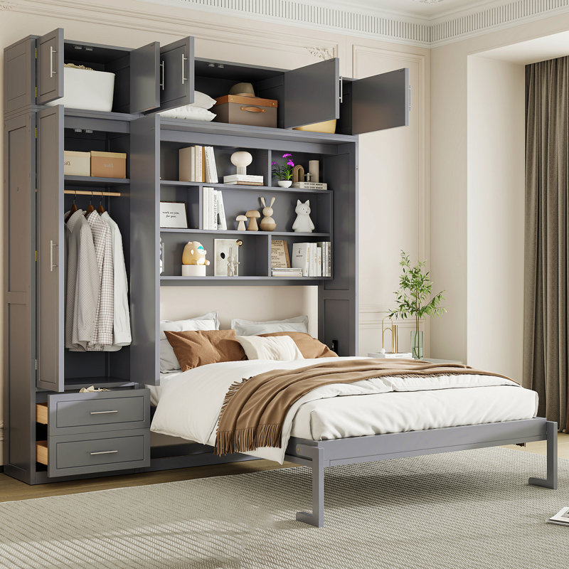 Grand lit escamotable mural avec armoire supérieure, tablettes et garde-robe, lit pliable peu encombrant, Gris