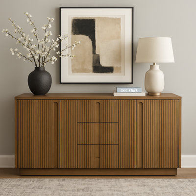 Potomac Reeded 3-Drawer Solid Wood Sideboard Cabinet with 2 Doors and Adjustable Shelves for Dining or Living Storage