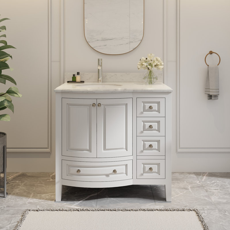 Meuble-lavabo simple 36 po avec plateau en pierre d'ingénierie, lavabo en céramique, peinture à la main Mandilyn, Blanc