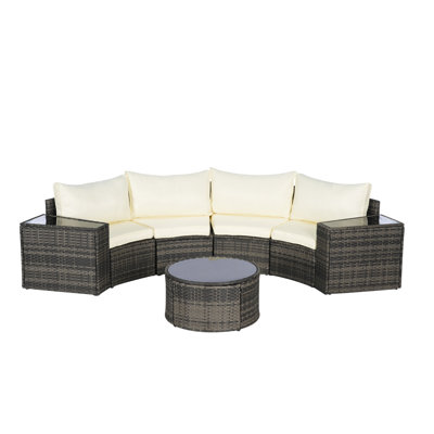 Outdoor Patio Furniture 7-Piece Half-Moon Sectional Round Patio Furniture Set Sofa With Tempered Glass Round Coffee Table