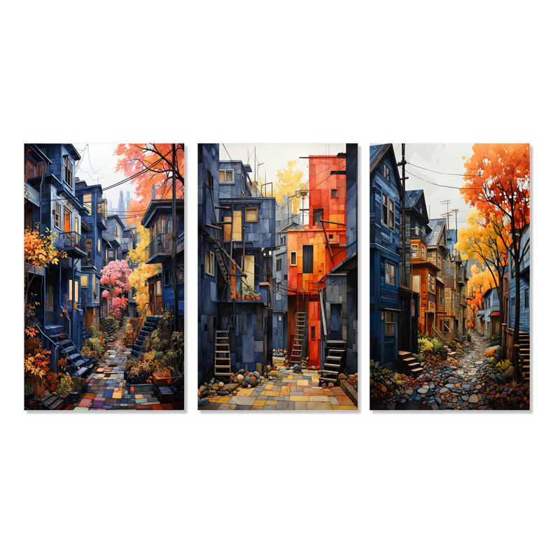«Cityscape Alleyway Patchwork», 3 pièces, H 28 po x l 36 po, Toile tendue