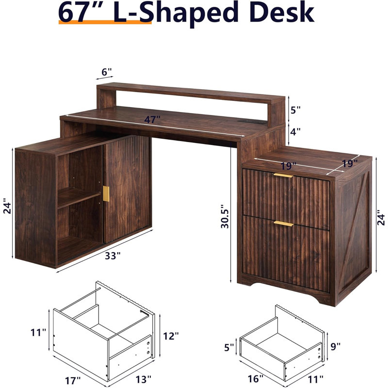 Bureau en L 67 po avec tiroirs et prise de courant, bureau d'ordinateur personnel avec support pour moniteur et armoire de rangement