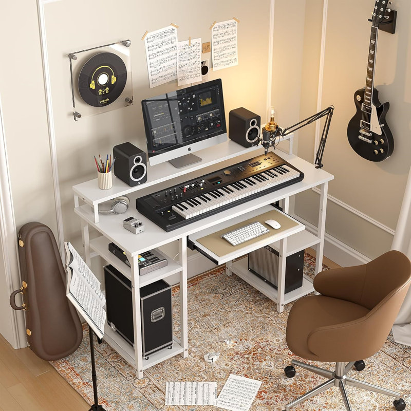 Office Desk With Monitor Stand And Storage Shelves, Computer Desk With Keyboard Tray, Gaming Desk