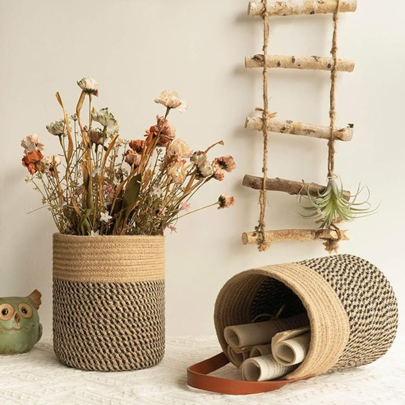 2Pack Jute Rope Hanging Basket - 7.87" X 7" Small Woven Fern Wall Hanging Basket Flower Plants, Woven Storage, Black And Jute