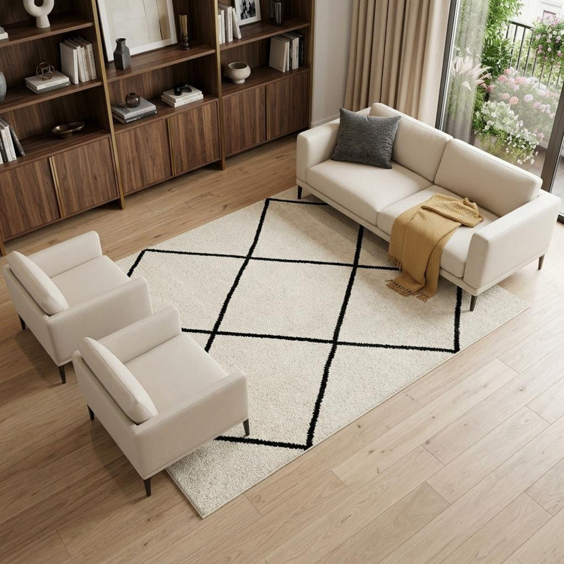 Tapis géométrique beige et noir tissé à la machine 8 pi x 11 pi