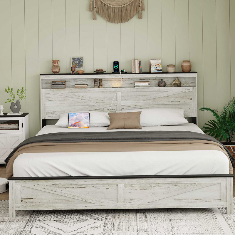 Très grand lit avec tête de lit en bois et espace de rangement caché, sans sommier tapissier, blanc
