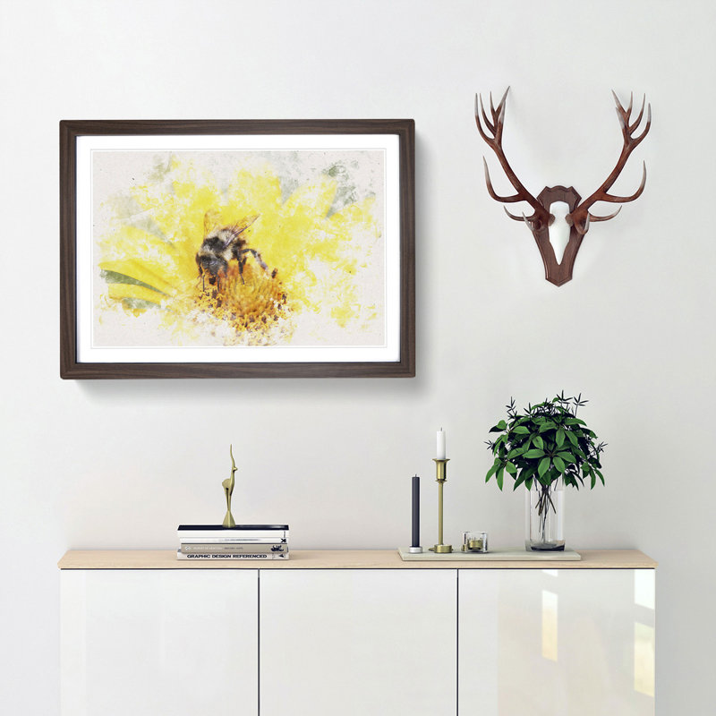 Bee Collecting Pollen Watercolour - Picture Frame Graphic Art Print, 62cm H x 87cm W x 2cm D, Walnut Framed