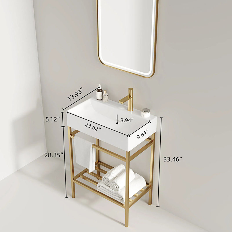 Ensemble de meuble-lavabo autoportant avec lavabo en céramique et console de salle de bain, Doré / Blanc