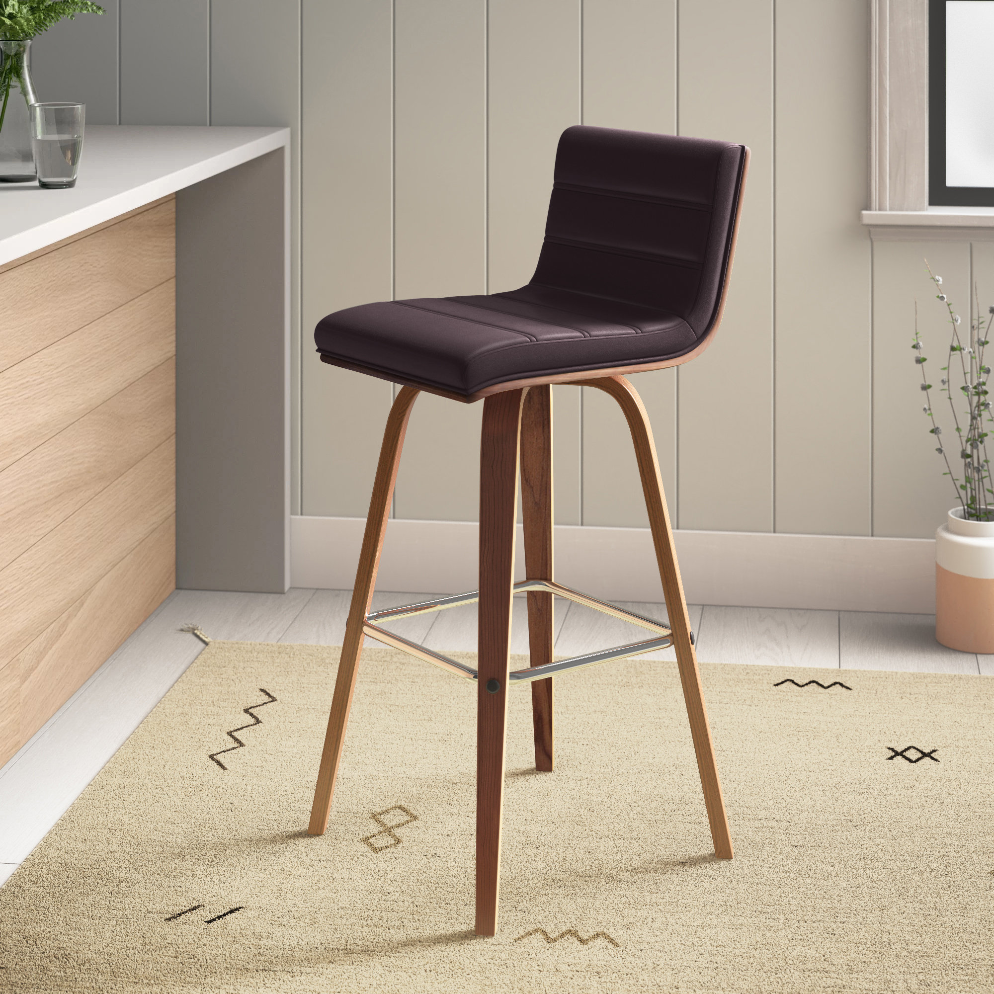 Biance Solid Wood Swivel Bar & Counter Stool, Brown Faux Leather, Bar Stool (30" Seat Height), Walnut
