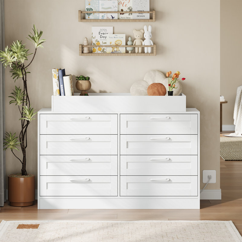 Changing Table Dresser with Power Outlet, 8 Storage Drawers, Nursery Organizer, White