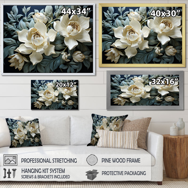 Tulipes blanches et bleues modernes sur toile, H 24 po x l 32 po x P 1 po, Cadre flottant doré