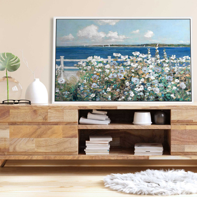 Bayside Garden par Sally Swatland - Peinture, L 51,5 po x H 31,5 po, Cadre blanc