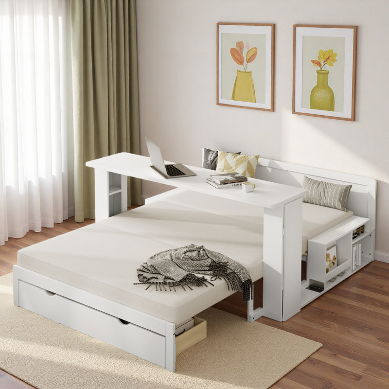 Multifunctional Daybed With Storage Drawer, Open Compartments And Hydraulic Side Table, White 