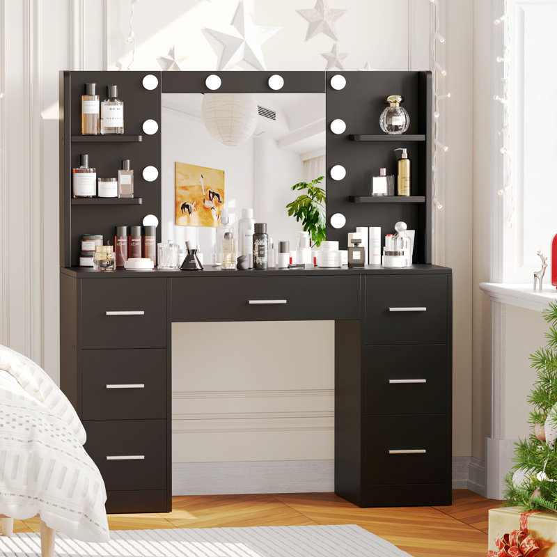 Coiffeuse avec lumières, table de maquillage avec 7 tiroirs et tablette latérale Raafay, Black