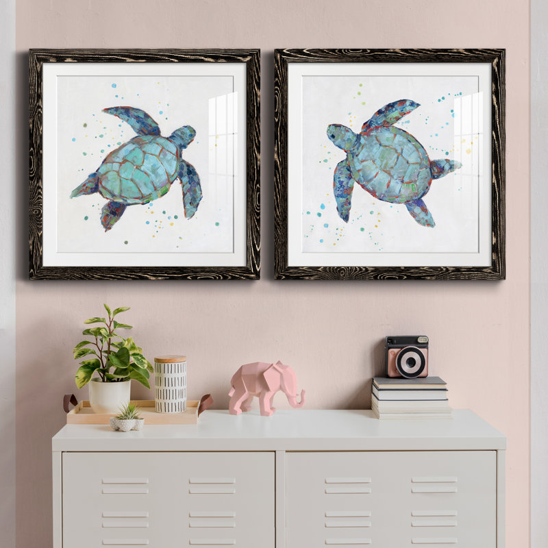 Bulle bleue tortue I - ensemble de 2 reproductions d'art, Papier encadré noir, H 24 po x l 48 po x P 1 po