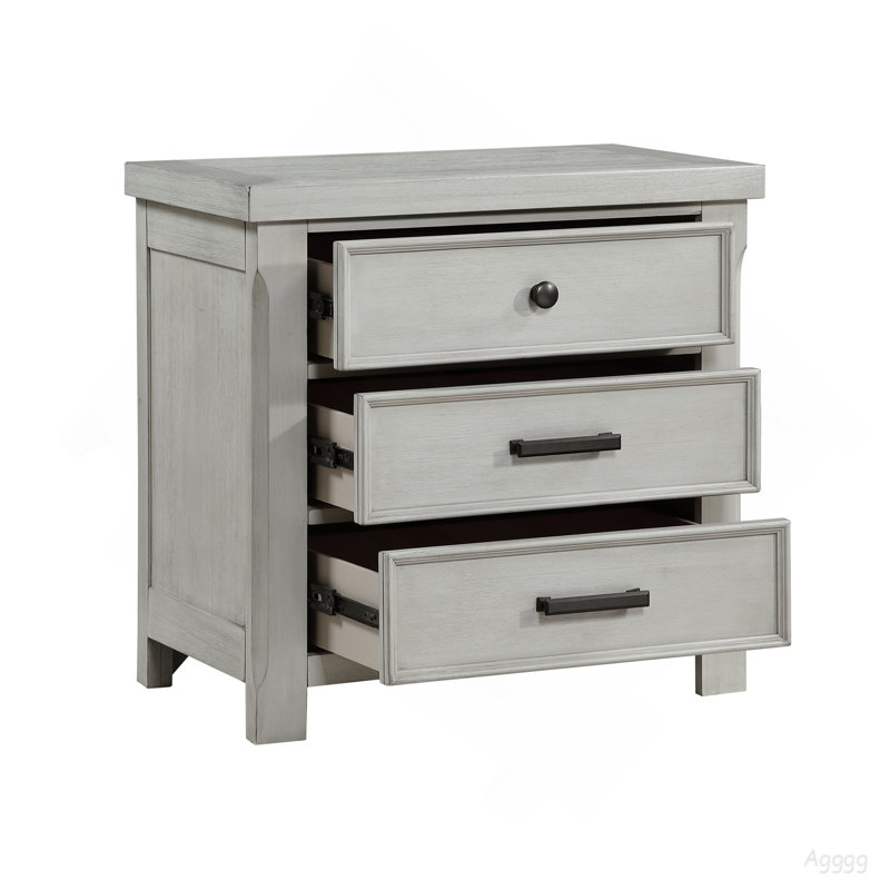 1 table de chevet à finition gris clair avec 3 tiroirs de rangement pour meubles de chambre à coucher en bois de style campagnard