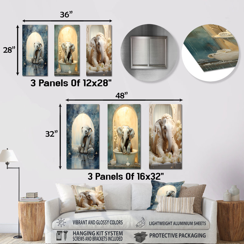 Éléphant de salle de bain - Ensemble de 3 décorations murales en métal pour salle de bain, H 28 po x l 36 po