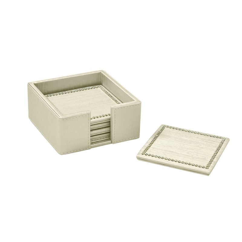 Silk Coaster Set in Holder with Crystals, Ivory
