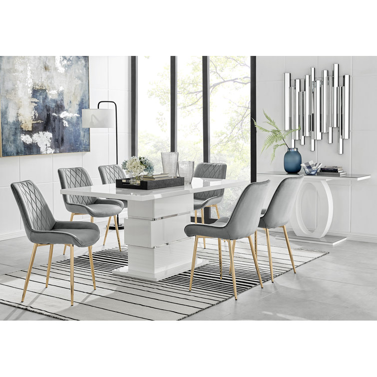 Corova Modern High Gloss Chrome Dining Table Set with 6 Luxury Velvet Dining Chairs