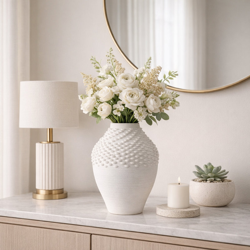 Modern Ceramic and Porcelain Vase with Textured Design, Glam Decorative Accent for Contemporary Decor, 13" H x 11" W x 11" D