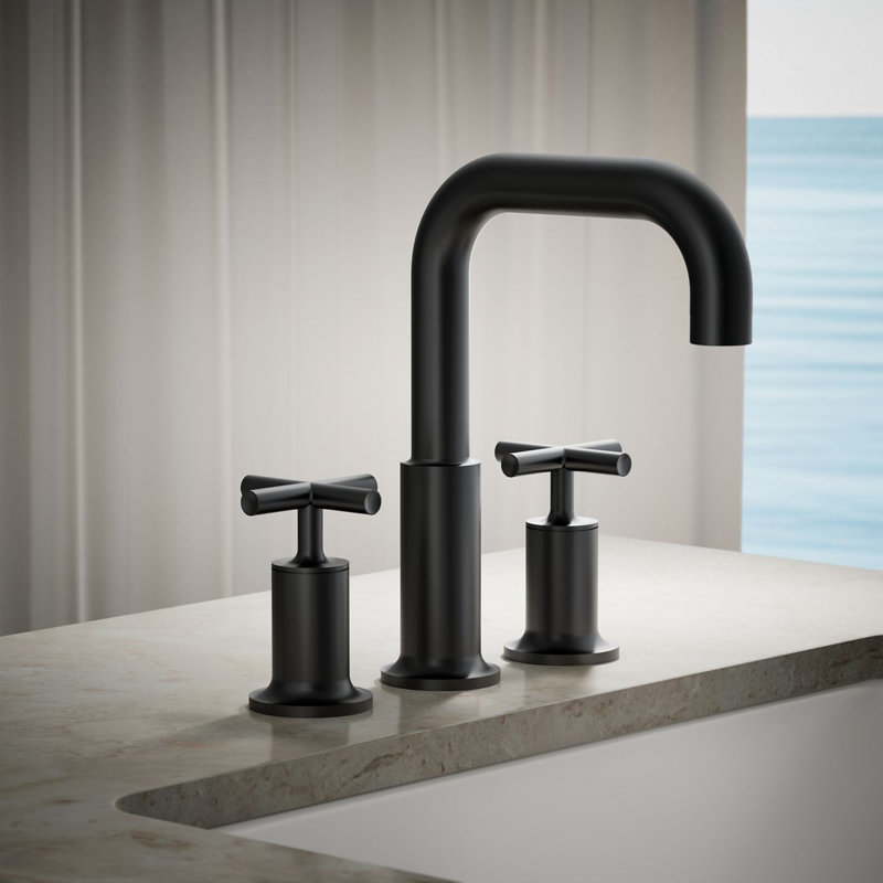 Purist Deck-Mount Bath Faucet Trim for High-Flow Valve with Cross Handles, Matte Black