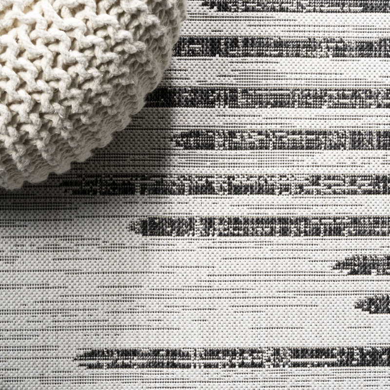 Exmore Berber Stripe Geometric Ivory/Black Indoor/Outdoor Rug, Rectangle 9' x 12'