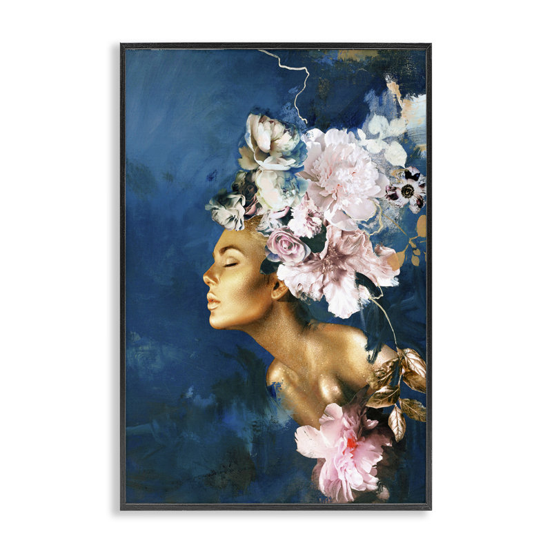 Femme sophistiquée à motif floral, estampe numérique, design par Fabrikken, H 18 po x l 12 po, Giclée encadrée noir minuit