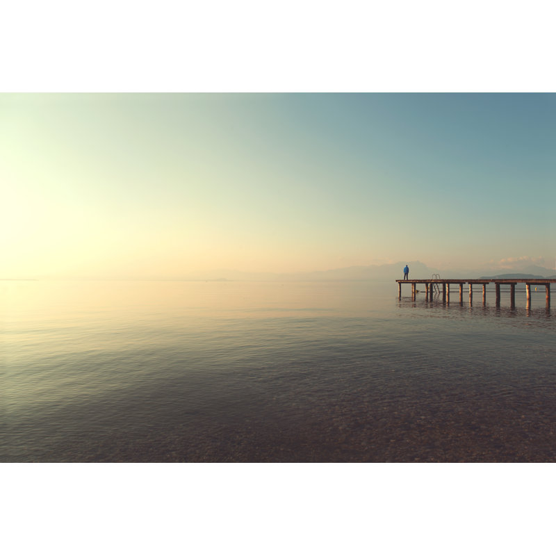 Man On A Boardwalk Observing Calm Lake Scenary At Sunset, 20cm H x 30cm W x 3.8cm D