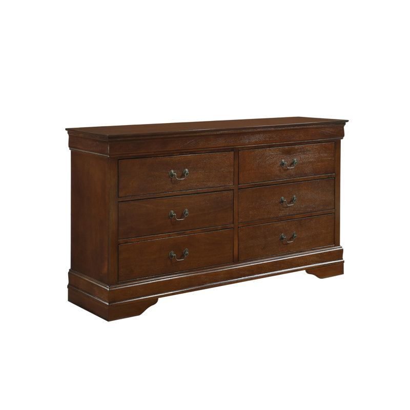 Commode 6 tiroirs pré-assemblée de style Louis Phillipe avec finition cerisier brun - solution de rangement pour meubles de chambre à coucher en bois classique