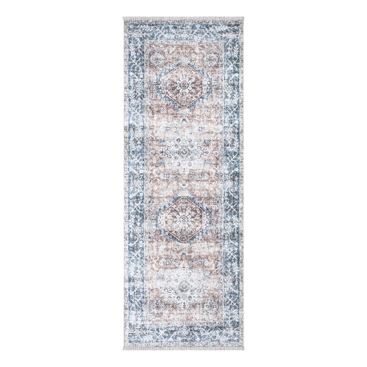 Washable Non-Slip Traditional Blue / Coral Rug