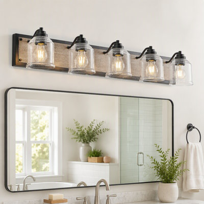 Applique murale de style ferme pour salle de bain, 5 lumières, abat-jour en verre clair à bulles, fini noir et grain de bois, design industriel moderne pour salle de bain ou salle d'eau (ampoules non comprises)