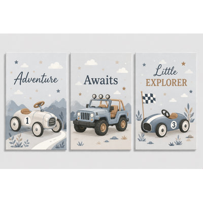 Grand ensemble de 3 véhicules d'aventure pépinière Art mural petite voiture de course Explorateur Jeep impressions sur toile bébé garçon chambre décor enfants chambre à coucher 16 x 24 pouces impression sur toile - prêt à accrocher
