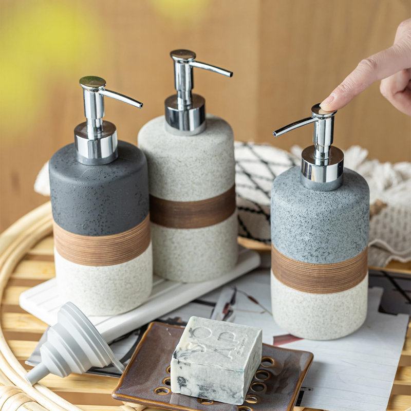 Ensemble de distributeurs de savon à vaisselle en céramique (paquet de 2), distributeur de savon à main, à vaisselle, de douche pour évier de cuisine et salle de bain, comprend une pompe en acier inoxydable, un entonnoir en silicone et un support à 