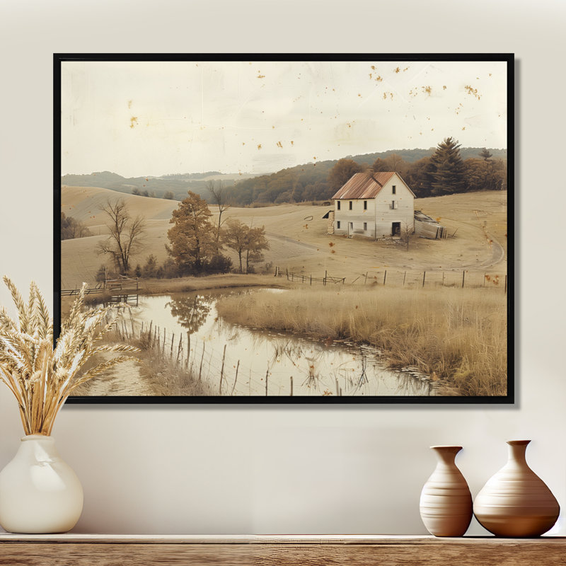 Paysage de ferme brun américain II - ferme, art mural, Cadre flottant noir, H 34 po x l 44 po x P 1,5 po