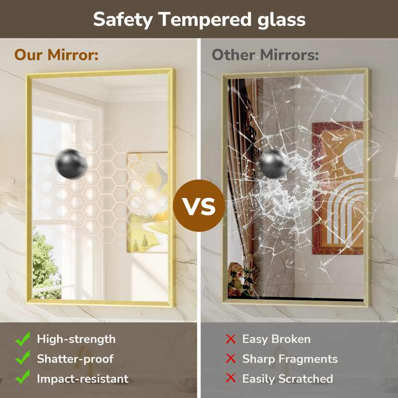 Bathroom Vanity Mirror with Aluminum Frame and Tempered Glass, Brushed Gold, Rectangle, 36" x 30"