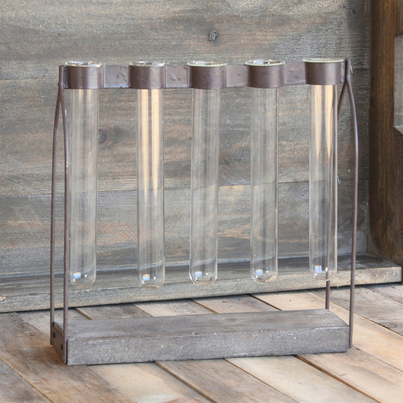 Weathered Wood and Metal Test Tube Vase Arrangement
