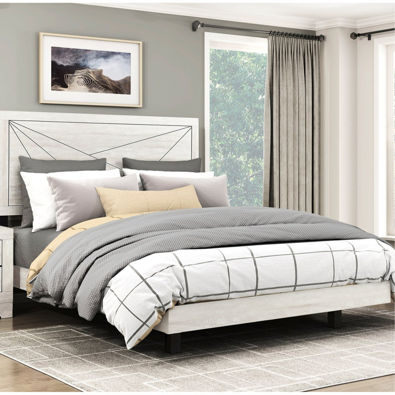 Structure de grand lit de style contemporain en chêne gris poussiéreux, avec tête de lit et rails latéraux pour la chambre à coucher avec esthétique de finition en chêne moderne