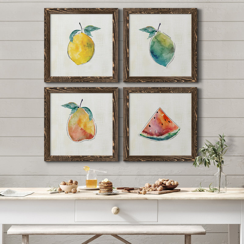 Happy Lemon - ensemble de 4 peintures sur toile encadrées, H 31,5 po x l 126 po x P 1,5 po, Cadre noyer