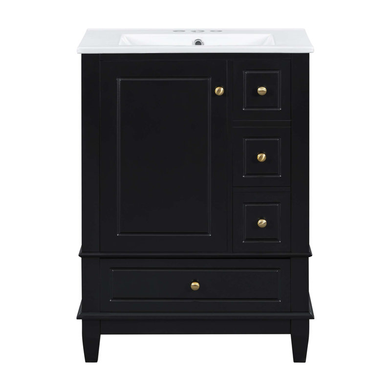 Meuble-lavabo 24 po avec lavabo et tiroirs, meuble-lavabo autoportant avec comptoir en céramique et tablettes de rangement, panneau de fibres à densité moyenne et base en bois massif, meuble-lavabo moderne pour petites salles de bain