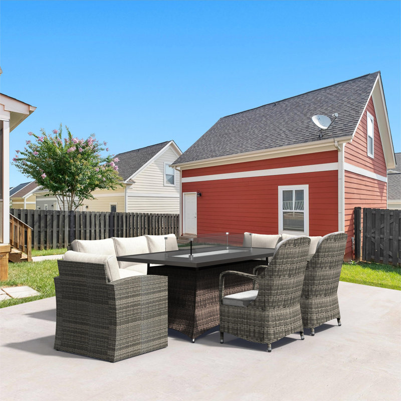 Algird 7 Piece Rattan Sofa Seating Group with Mixed Beige&Gray Cushions