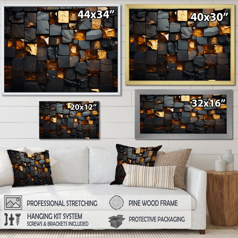 Cubes dorés abstraits géométriques III - art mural géométrique, Toile tendue, H 12 po x l 20 po x P 1 po