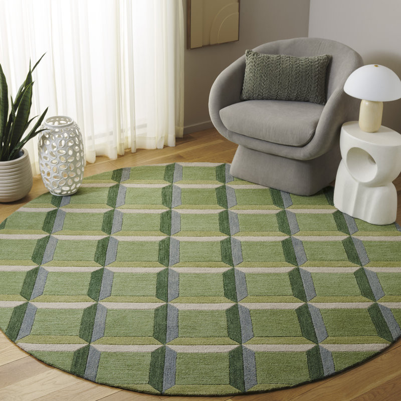 Giedre Geometric Hand Tufted Cotton/Wool Area Rug in Green/Beige, Round 7'