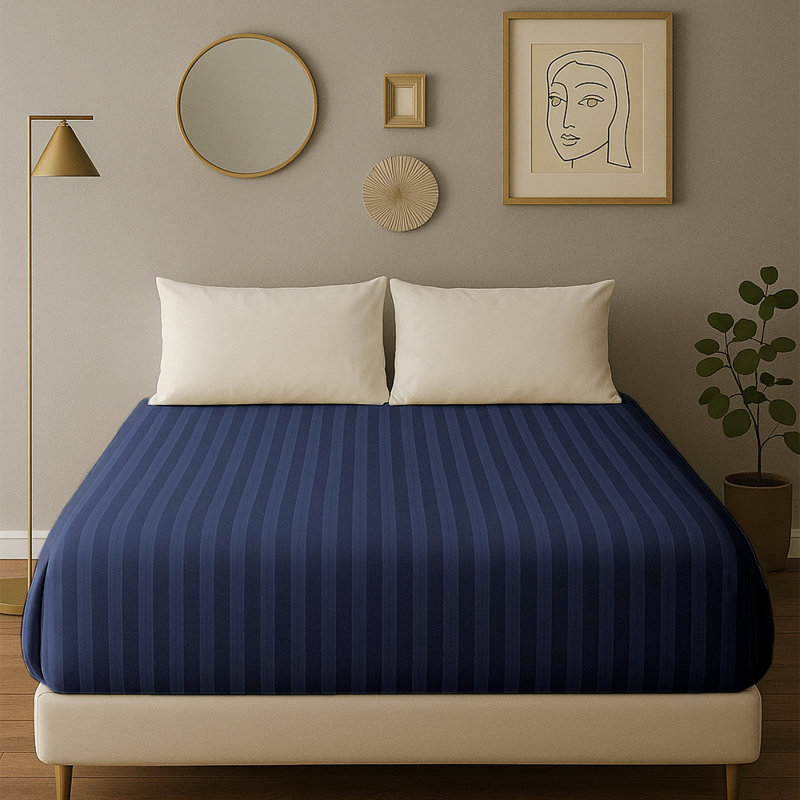40cm Deep Pocket Microfiber Stripe Fitted Sheet, Double (4'6), Navy