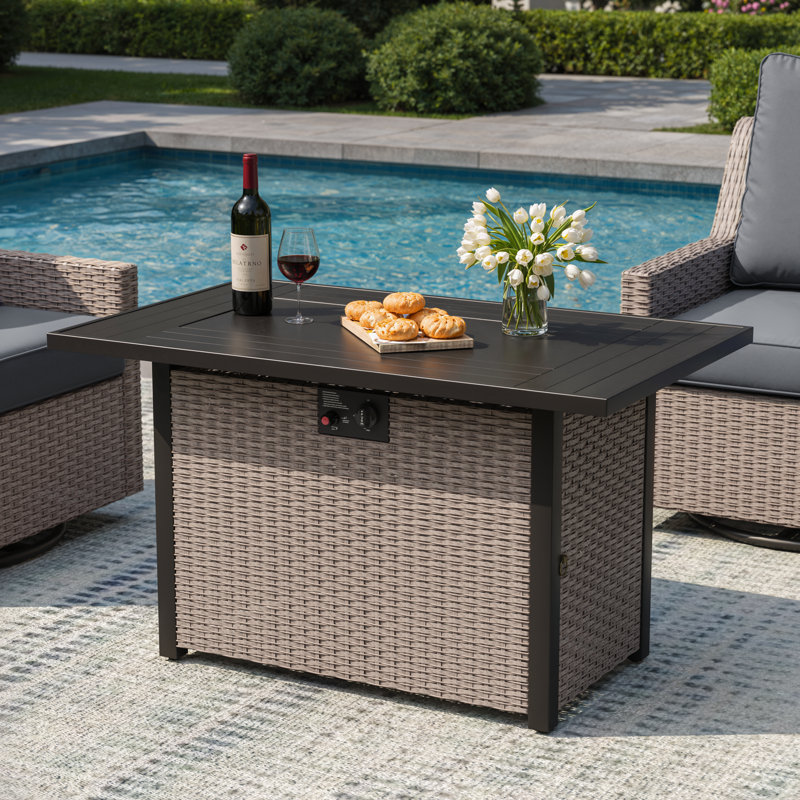 Table de foyer d'extérieur au propane en acier avec plateau en aluminium et pare-vent en verre 43,3 po Alto