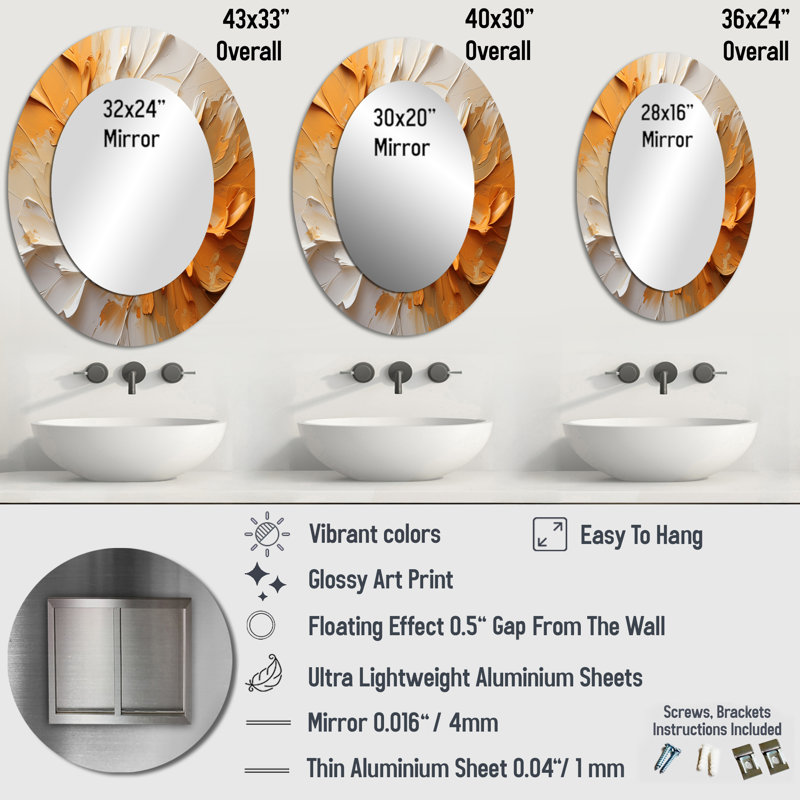 Doré et beige Soft Wave Paint II - miroir mural ovale moderne, 36 po x 24 po